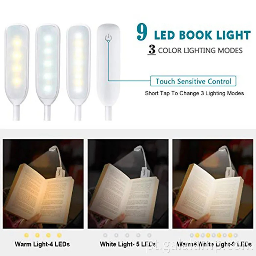 Lâmpada de mesa de clipe de clipe para leitura recarregável USB para leitura